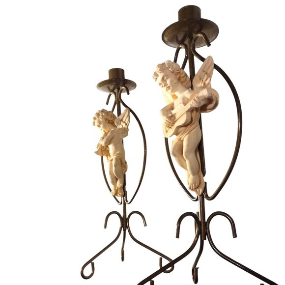 Vintage Angel Cherub Taper Candle Holders Set Of 2 Gold Brass Resin 12" Baroque - Picture 4 of 9